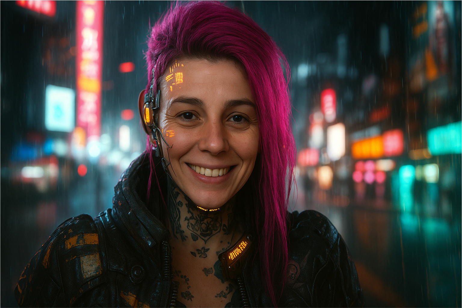 Fotorealisitische KI-Visualisierung einer Frau mit pinken Haaren in Cyberpunk-Look vor einer neonerleuchteten Stadtszene