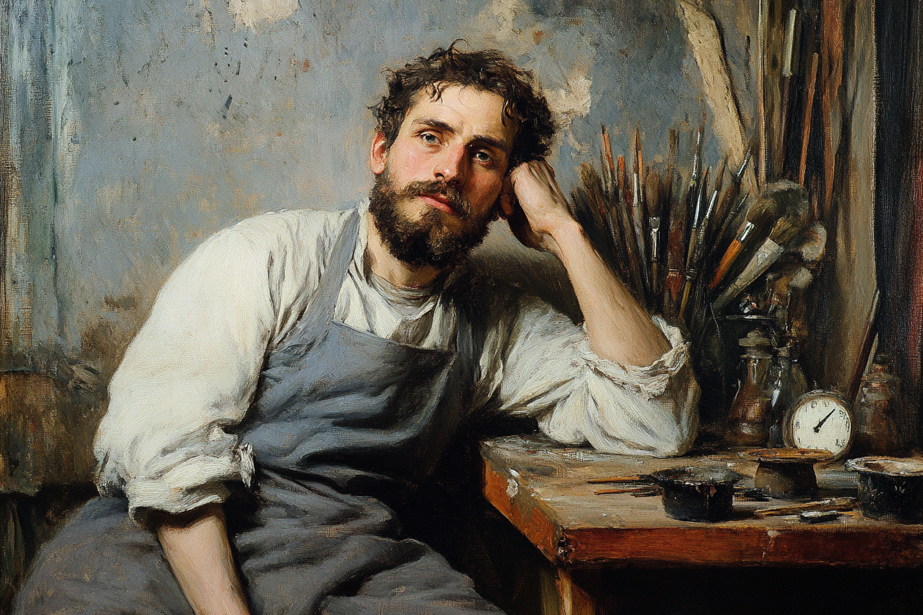 KI generierte Darstellung des Portraits eines Malers in Denkerpose vor einem Becher voll mit Pinseln.