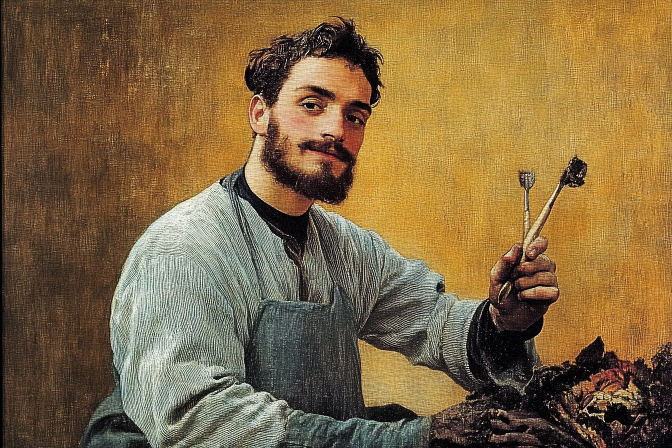 KI generierte Darstellung des Portraits eines Malers mit Pinseln in der Hand. 