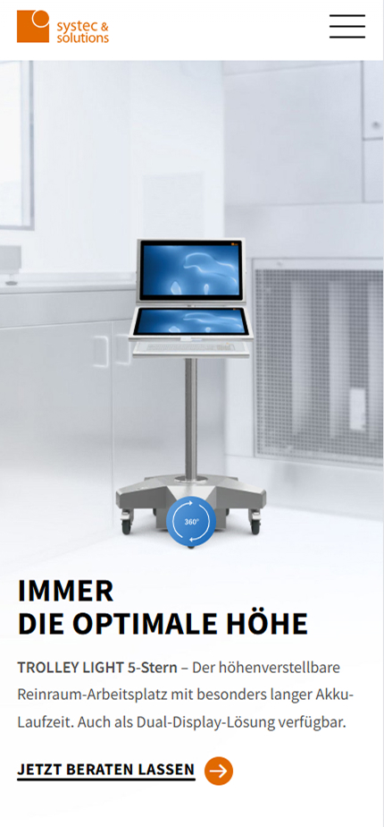 Ausschnitt der mobilen Darstellung der Produktseite „Trolley Light 5-Stern“ , die ein mobiles HMI-Gerät mit Bildschirmen und Tastatur auf Rollen 
