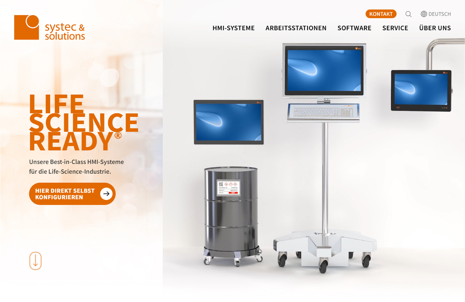 Screenshot der Startseite der Website systec.de die drei verschiedene HMI-Geräte mit der Überschrift "Life Science Ready" zeigt.