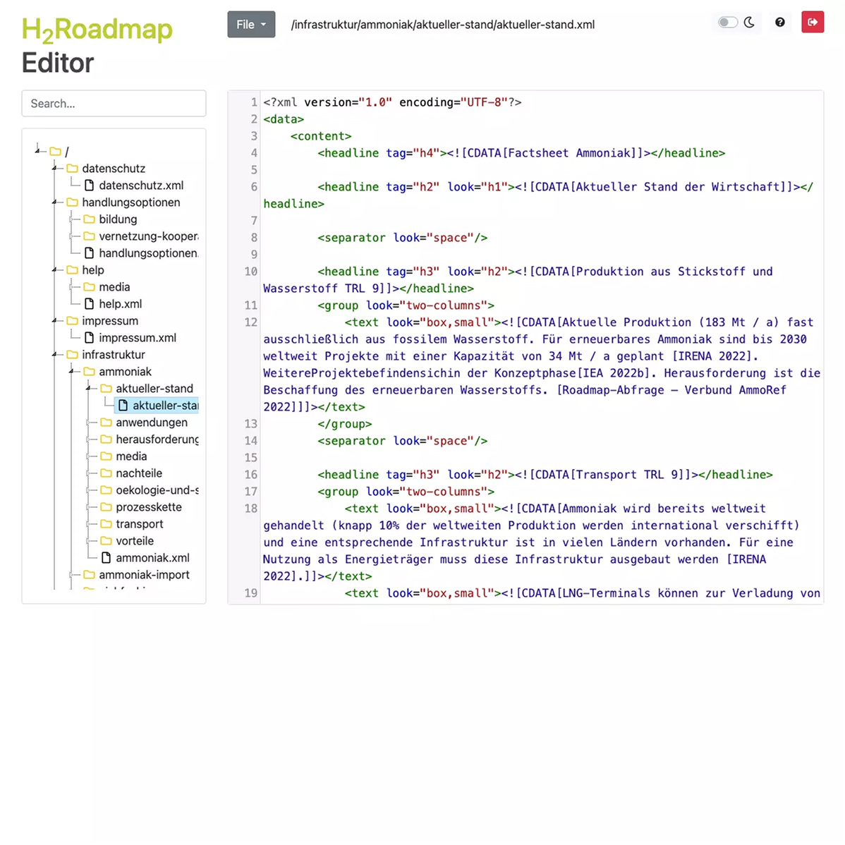 Screenshot des XML-Editors für die Bearbeitung der Inhalte der Seite www.transhyde.de